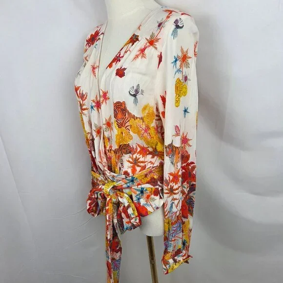 Michelle Morin For Anthropologie Blouse Sz M Floral Tiger Print Wrap Tie Waist - Picture 5 of 14
